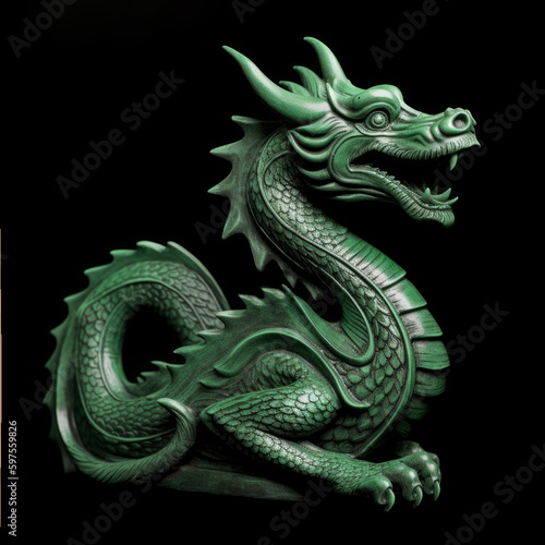 Head of carved green wooden dragon isolated on black background. Symbol of 2024. Chinese New Year. Detailed dragon figurine or statuette or brooch. High resolution. Generative AI, human enhanced
