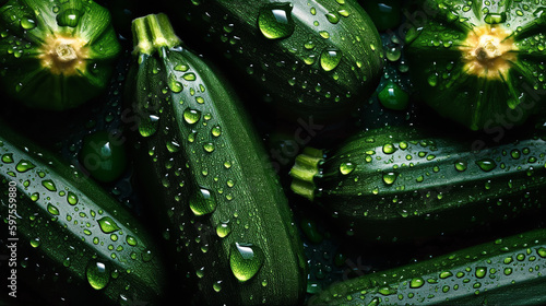 Fresh Zucchini background, adorned with glistening droplets of water