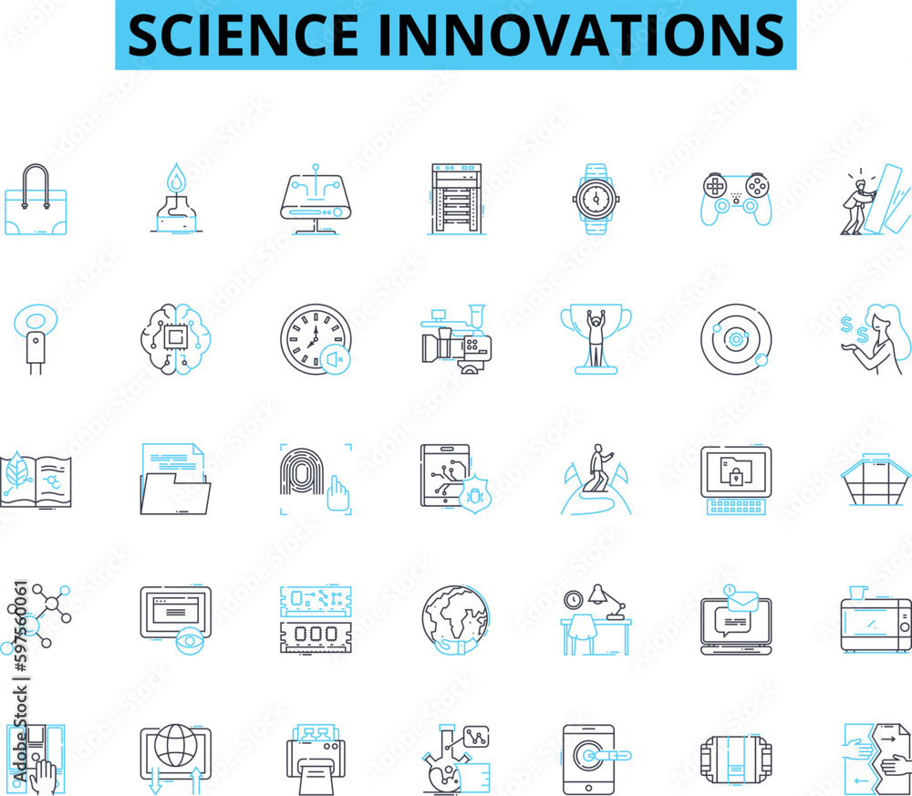 Science innovations linear icons set. Biotechnology, Nanotechnology, Robotics, Genetics, Quantum, Neuroscience, Biomechanics line vector and concept signs. Generative AI Science innovations linear icons set. Biotechnology, Nanotechnology, Robotics, Genetics, Quantum, Neuroscience, Biomechanics line vector and concept signs. Generative AI