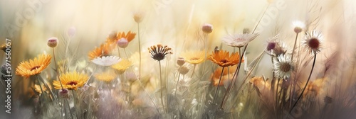 abstrakte blumen im wind. eine blumenwiese mit vielen bunten blüten (generative ai)
