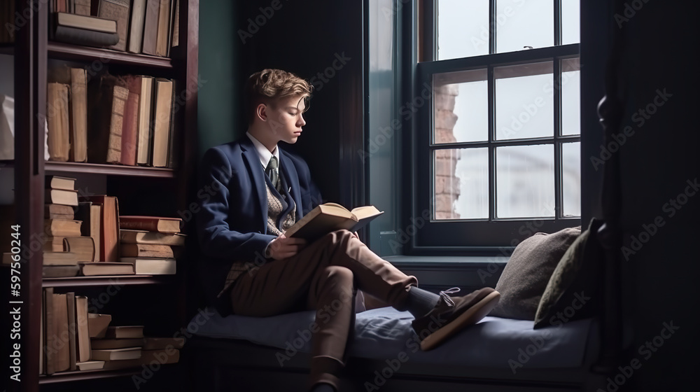 A man sitting on a window sill reading a book. AI generative. Dark academia style, victorian style mansion interior design with wooden stairs.