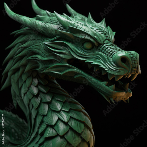 Head of carved green wooden dragon isolated on black background. Symbol of 2024. Chinese New Year. Detailed dragon figurine or statuette or brooch. High resolution. Generative AI  human enhanced