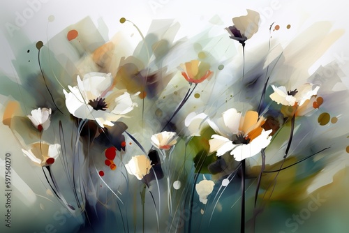 abstrakte blumen im wind. eine blumenwiese mit vielen bunten blüten (generative ai)