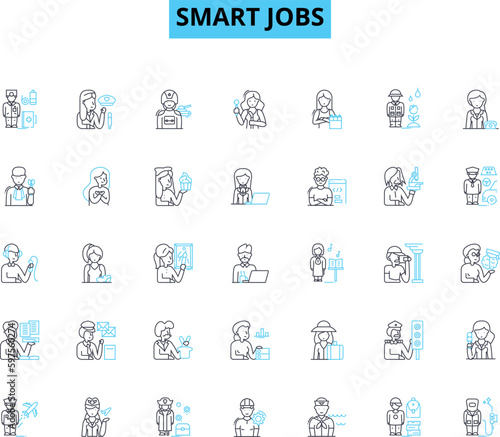 Smart jobs linear icons set. Innovation, Flexibility, Efficiency, Automation, Telecommuting, Empowerment, Digitization line vector and concept signs. Intelligence,Optimization,Workforce Generative AI