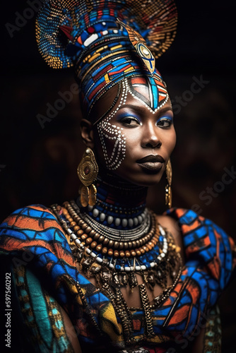 A woman in a colorful dress and headdress. AI generative. African queen