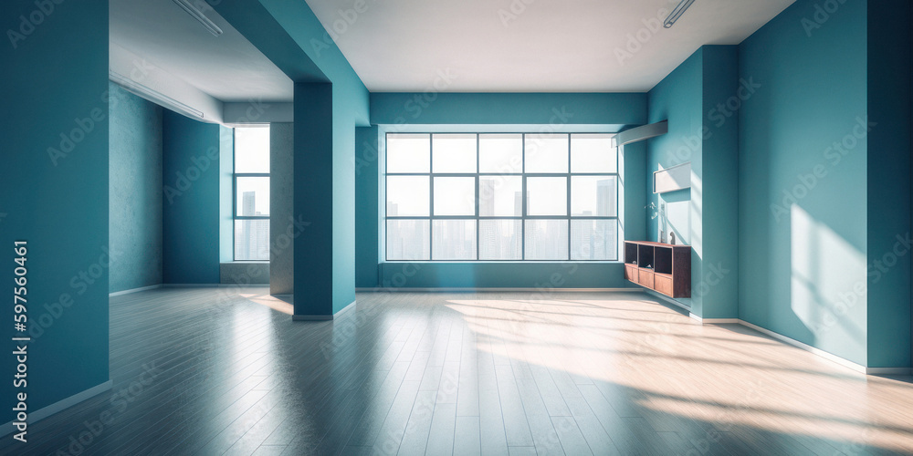 Fototapeta premium Empty Blue Room with Windows