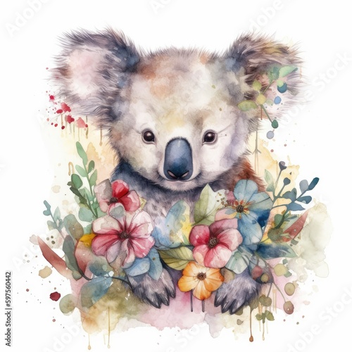 Watercolor Painting of Baby Koala in Colorful Flower Field - Animal Art - Ideal for Greeting Cards and Art Prints - Generative AI