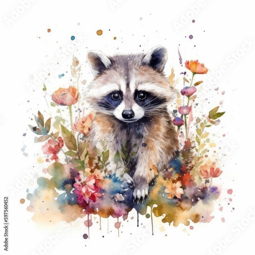 Watercolor Painting of Baby Raccoon in Colorful Flower Field - Wildlife Art - Ideal for Art Prints and Greeting Cards - Generative AI