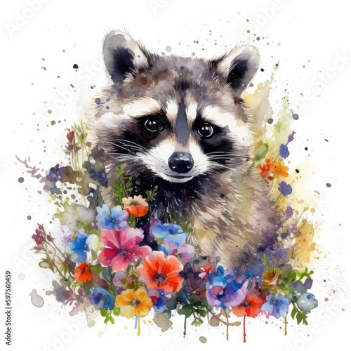 Enchanting Baby Raccoon in a Colorful Flower Field - Watercolor Painting - Art Print and Greeting Card Design - Generative AI