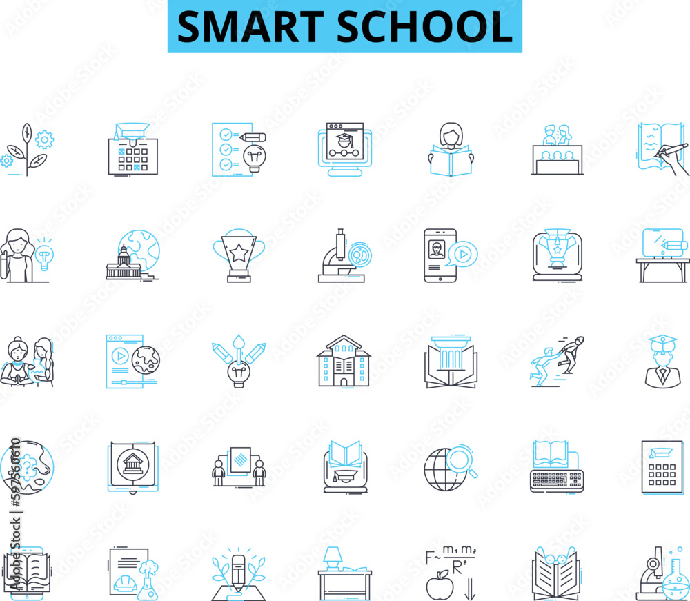 Smart school linear icons set. Innovation, Technology, Efficiency, Advancement, Integration, Learning, Progress line vector and concept signs. Digitalization,Synergy,Creativity outline Generative AI