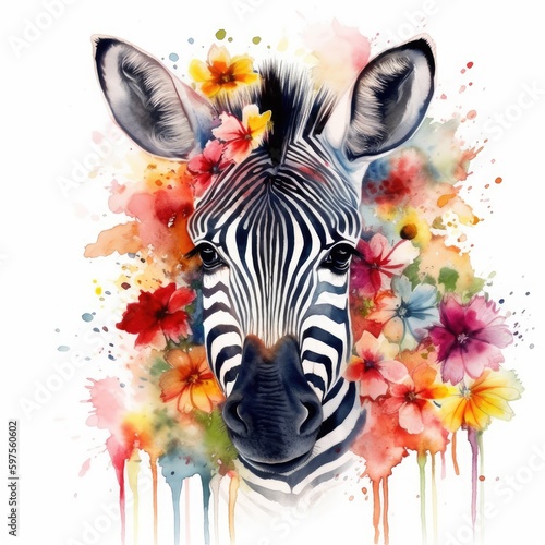 Watercolor Sweet Baby Zebra in Colorful Flower Field - Animal Art  Nursery Decor - Generative AI