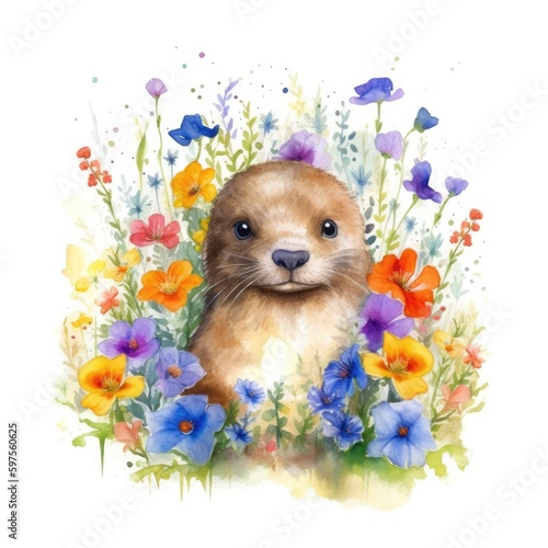 Adorable Baby Platypus in a Colorful Flower Field - Watercolor Painting - Ideal for Greeting Cards and Art Prints - Generative AI