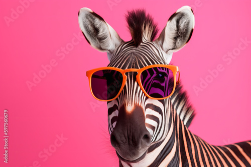 Portrait of a trendy zebra wearing cool sunglasses. Summer holiday concept. Generative ai