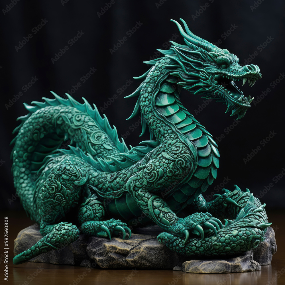 Obraz premium Carved green wooden dragon isolated on black background. Symbol of 2024. Chinese New Year. Detailed dragon figurine or statuette. High resolution. Generative AI, human enhanced