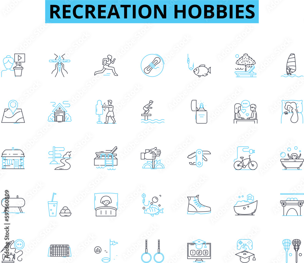 Recreation hobbies linear icons set. Gardening, Cooking, Painting, Pottery, Fishing, Biking, Hiking line vector and concept signs. Camping,Boating,Photography outline illustrations Generative AI