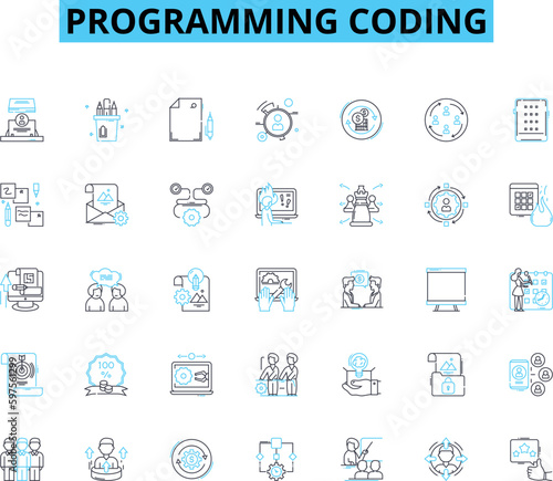 Programming coding linear icons set. Syntax, Algorithms, Debugging, Variables, Loops, Functions, Classes line vector and concept signs. Libraries,Platforms,Development outline Generative AI