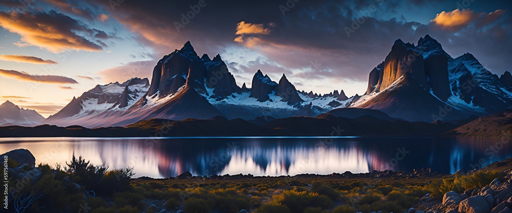illustration of a landscape, of a lake with mountains created by ai.