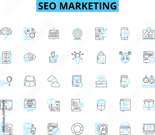 Seo marketing linear icons set. Optimization, Keywords, Analytics, Strategy, Content, Backlinks, SERP line vector and concept signs. Conversion,Traffic,Link-building outline Generative AI
