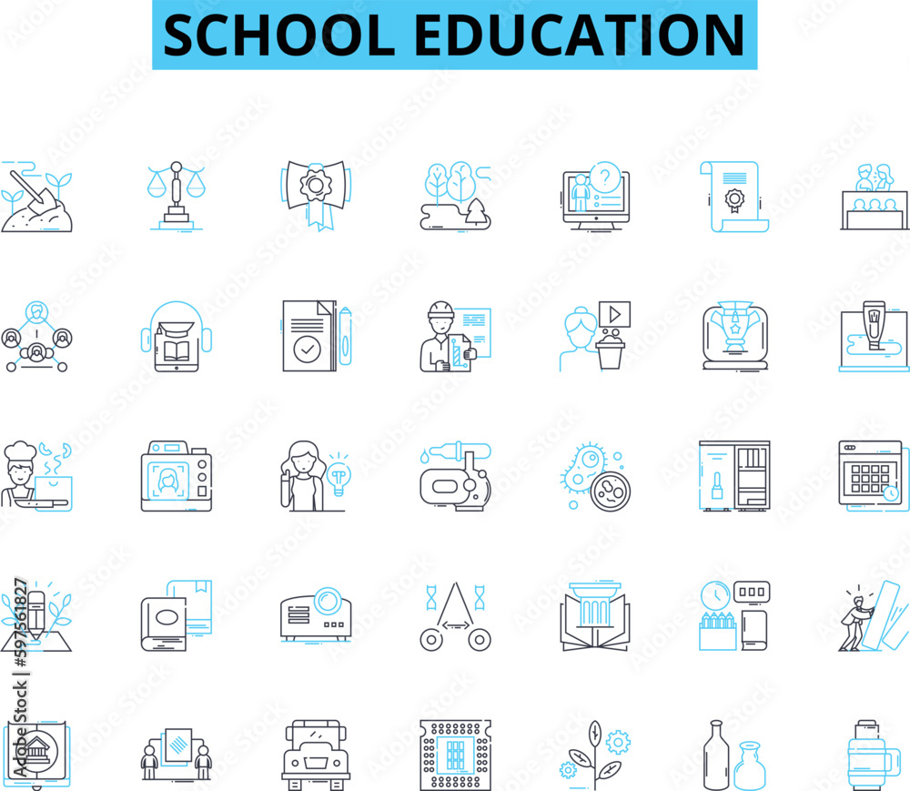 School education linear icons set. Learning, Curriculum, Homework, Attendance, Achievement, Discipline, Examination line vector and concept signs. Graduation,Literacy,Progress outline Generative AI