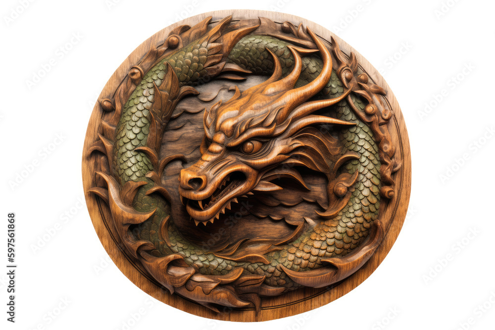 Carved round wooden shield with green dragon isolated on white background. Symbol of 2024. Chinese New Year. Detailed Dragon figurine or brooch. High resolution. Generative AI, human enhanced Carved round wooden shield with green dragon isolated on white background. Symbol of 2024. Chinese New Year. Detailed Dragon figurine or brooch. High resolution. Generative AI, human enhanced