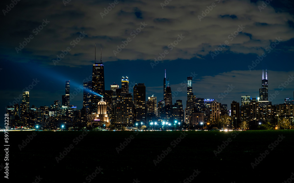Chicago Skyline at Night with Searchlight