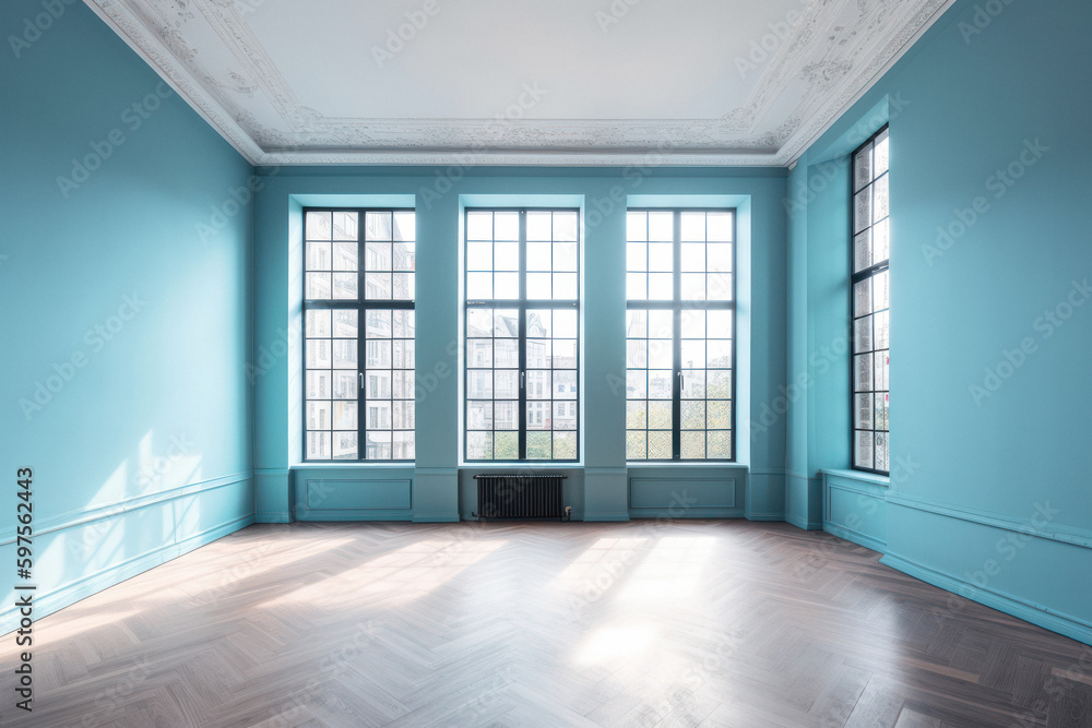 Obraz premium Blue Oasis: A Serene Empty Room with a Modern Vibe