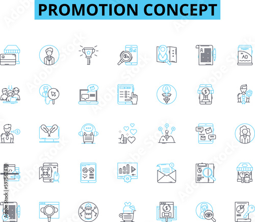 Promotion concept linear icons set. Advertising, Branding, Campaign, Discount, Endorsement, Giveaway, Incentive line vector and concept signs. Influencer,Marketing,Merchandising outline Generative AI