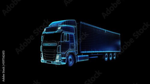 Digital European truck in mesh data design on highway, black and blue