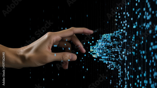 Finger touching and pointing on digital blue mesh out of data, black background