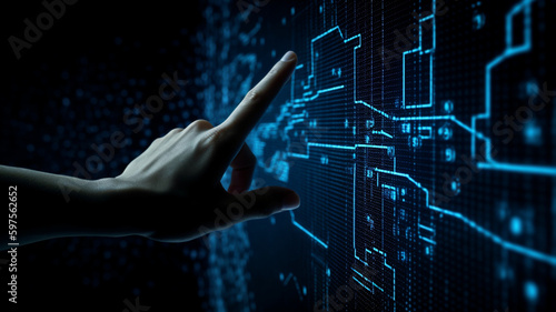Finger pointing on a blue mesh data strategy  plan background, blue and black 