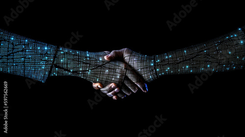 Digital cyber data handshake agreement in blue and black, black background 
