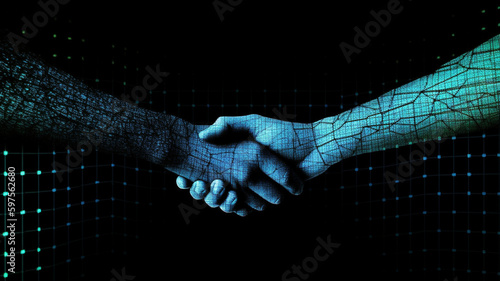 Digital cyber data handshake agreement in blue and black, black background 