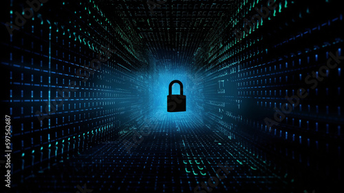 Cyber security concept. Black security lock infant of blue and black mesh data background, illuminated