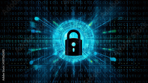 Cyber security concept. Lock symbol from lines and triangles, point connecting network on blue and black background