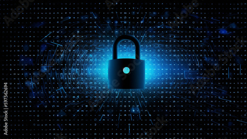 Cyber security concept. Lock symbol in front of binary mesh in blue and black, black background