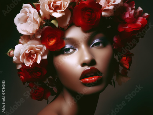 Beautiful young woman with floral wreath. AI generated image. © Boadicea