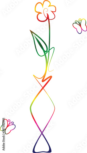 Rainbow Colored Doodle Flower Vase and Butterflies
