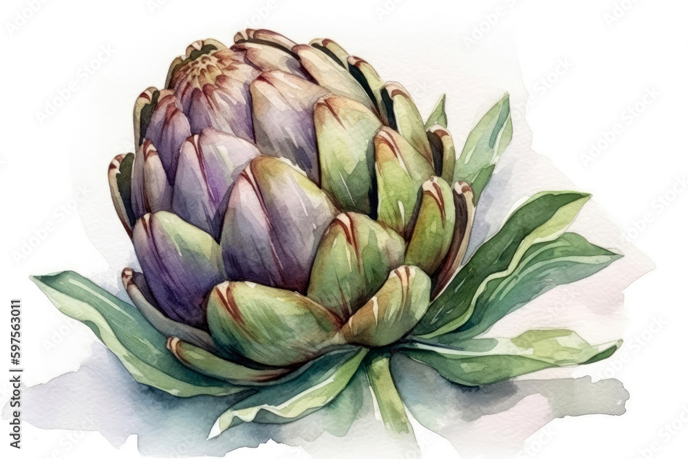 Obraz premium Beautiful Watercolor Drawing Artichoke On A White Background, Minimalist Style. Generative AI