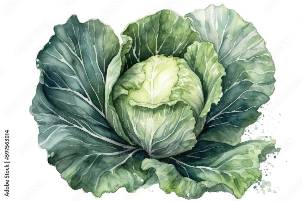 Obraz premium Beautiful Watercolor Drawing Cabbage On A White Background, Minimalist Style. Generative AI