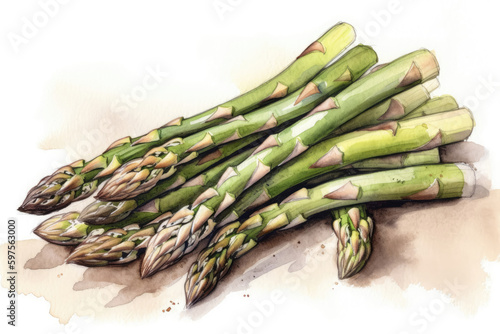 Beautiful Watercolor Drawing Asparagus On A White Background, Minimalist Style. Generative AI photo