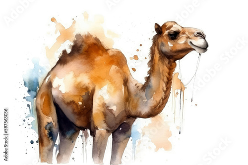 Beautiful Watercolor Drawing Camel On A White Background  Minimalist Style. Generative AI