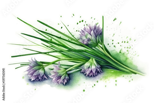 Beautiful Watercolor Drawing Chives On A White Background, Minimalist Style. Generative AI
