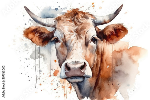 Beautiful Watercolor Drawing Cow On A White Background, Minimalist Style. Generative AI