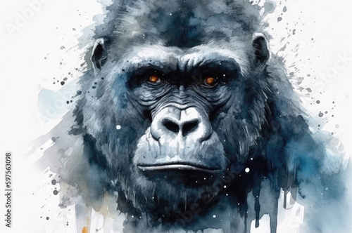 Beautiful Watercolor Drawing Gorilla On A White Background, Minimalist Style. Generative AI