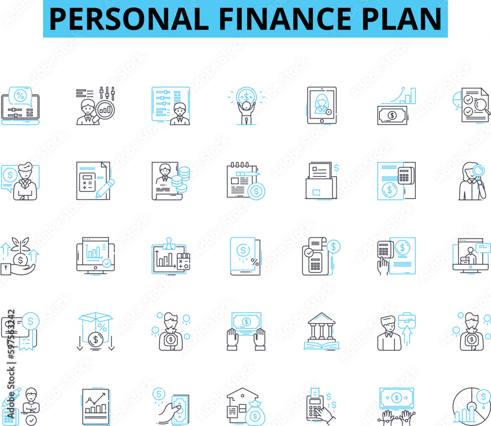 Personal finance plan linear icons set. Budgeting, Savings, Investment, Debt, Retirement, Assets, Income line vector and concept signs. Expenses,Accounting,Planning outline illustrations Generative AI