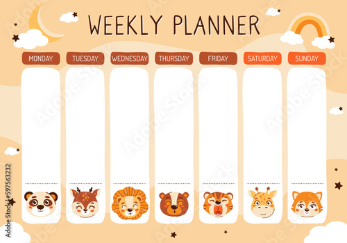 Weekly planning template for children and adults. Cute animal glider for boys and girls. Vector illustration.