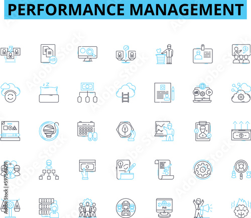 Performance management linear icons set. Metrics, Feedback, Goals, Appraisal, Evaluation, Development, Performance line vector and concept signs. Targets,Reviews,Objectives outline Generative AI