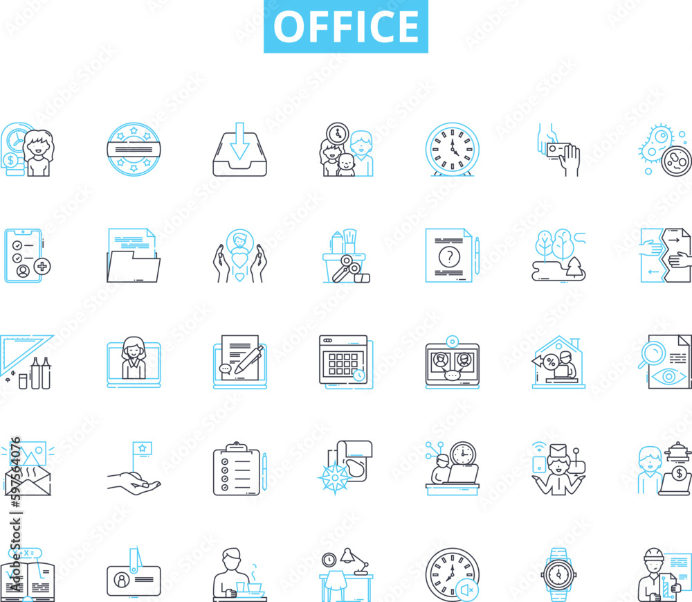 Office linear icons set. Desk, Computer, Printer, Ph, Filing, Meeting, Chair line vector and concept signs. Workspace,Statiry,Keyboard outline illustrations Generative AI