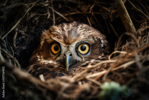 Kleine Eule im Nest - Nahaufnahme Portrait © Karat