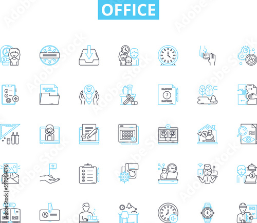 Office linear icons set. Desk, Computer, Printer, Ph, Filing, Meeting, Chair line vector and concept signs. Workspace,Statiry,Keyboard outline illustrations Generative AI